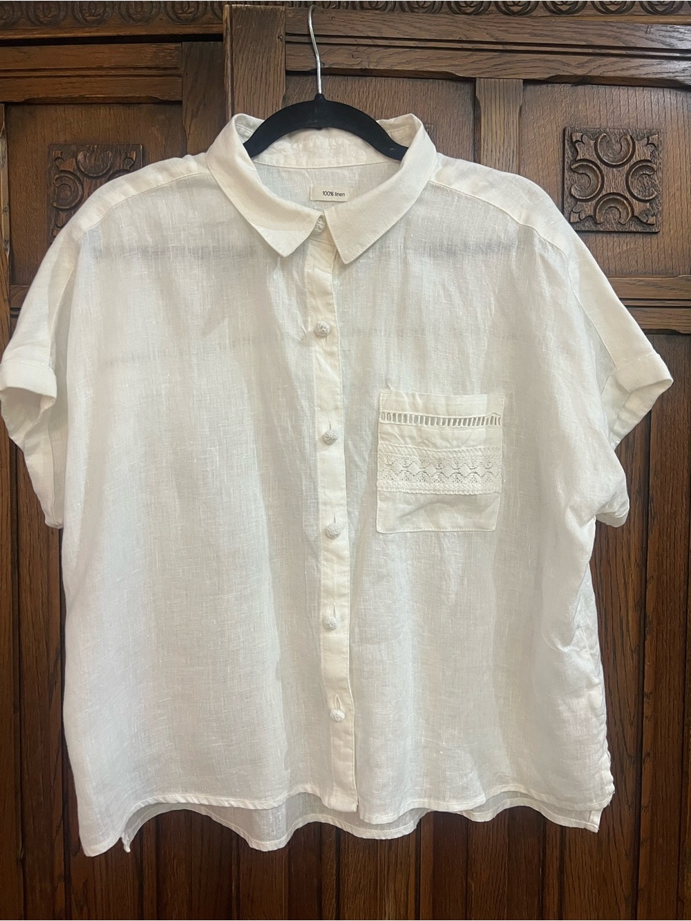 100% Linen White Button-Up Shirt Size Lg | Crochet Eyelet | Coastal Minimalist - Picture 1 of 5